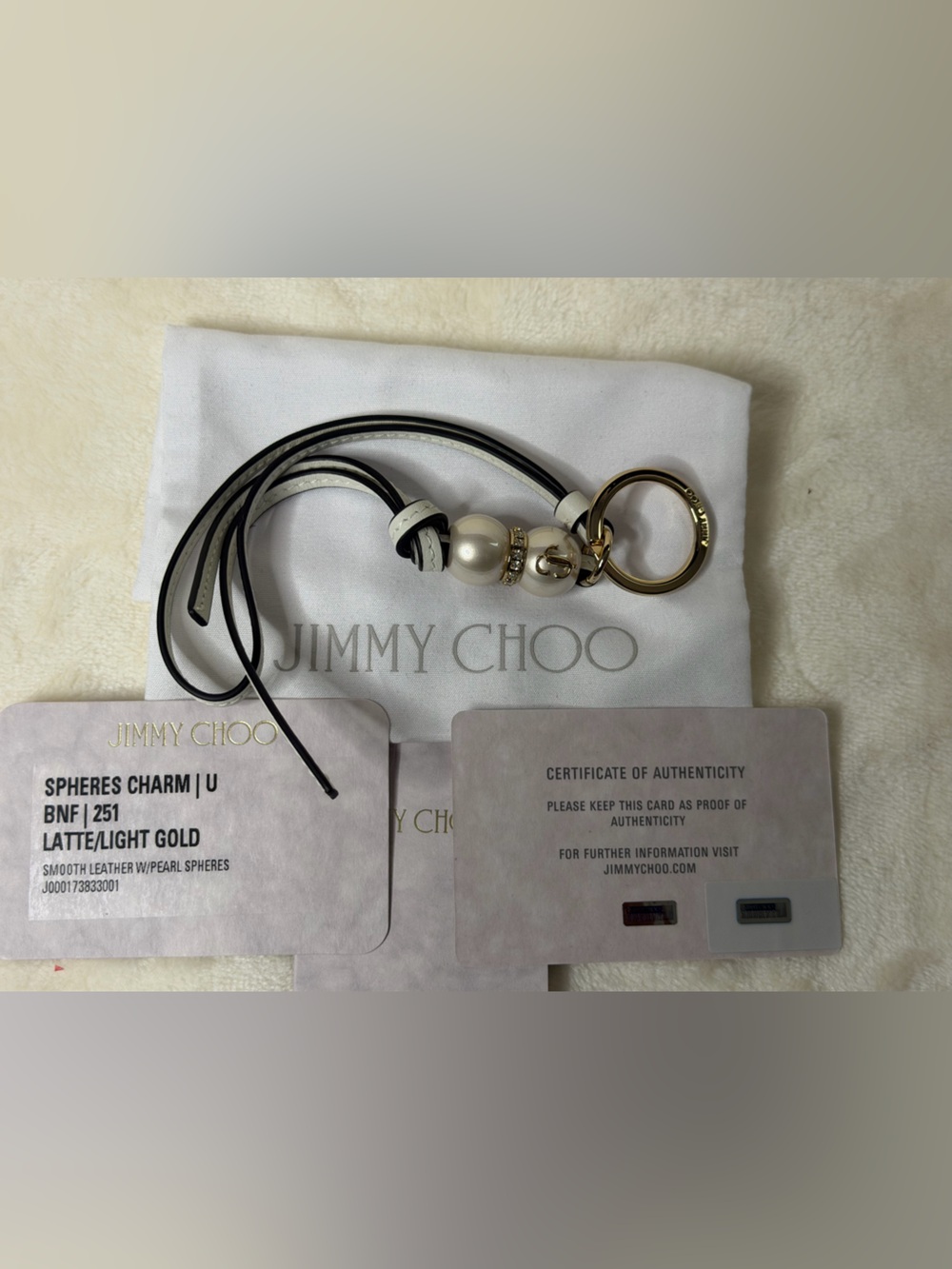 Jimmy Choo Cream and Black Pearl Sphere Charm Keyring with Gold Hardware